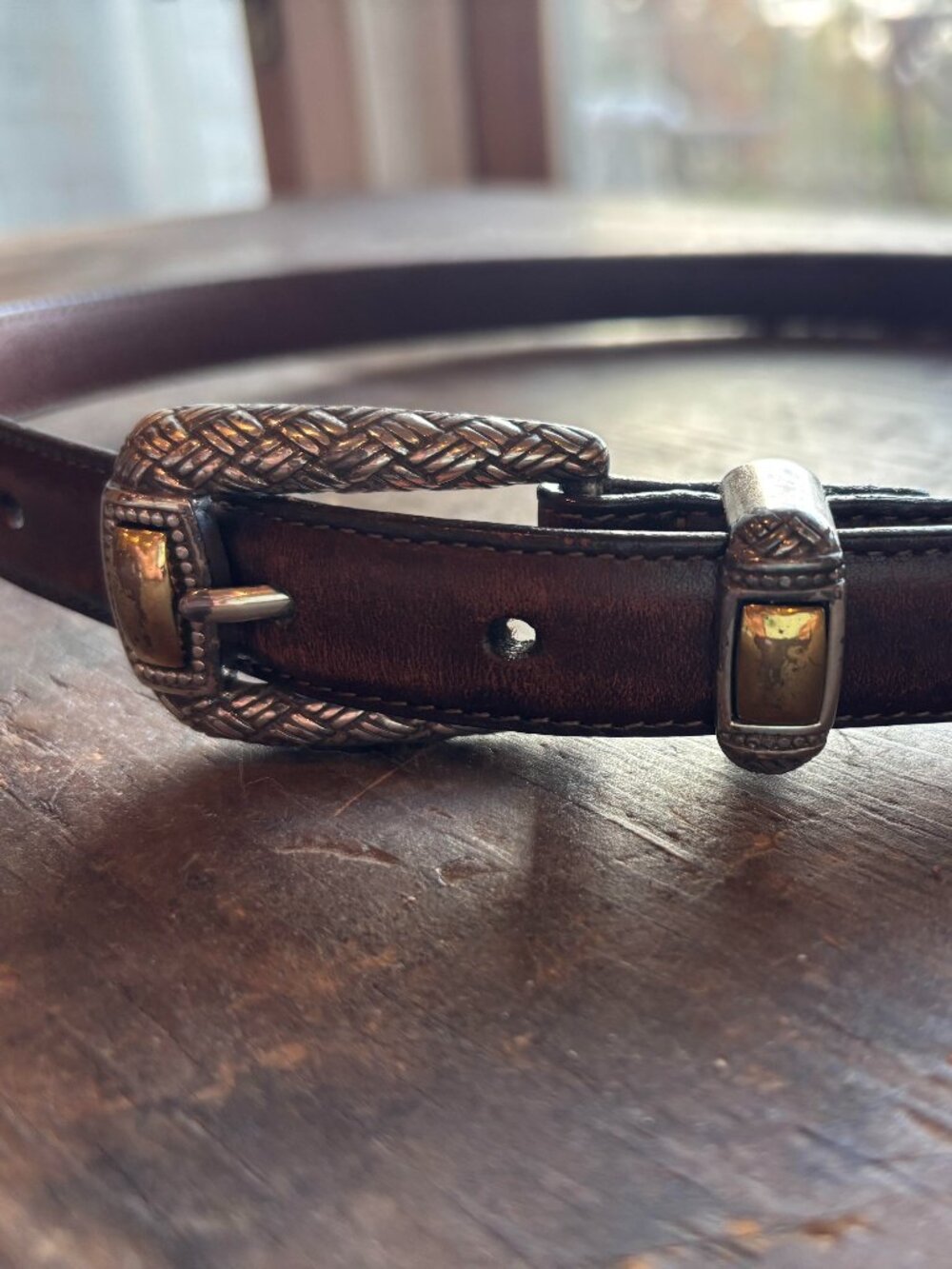 VINTAGE BROWN BRIGHTON LEATHER BELT WITH GOLD AND SILVER HARDWARE